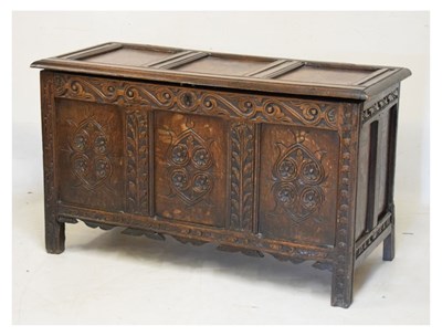 Lot 612 - Carved oak three-panel coffer or bedding chest