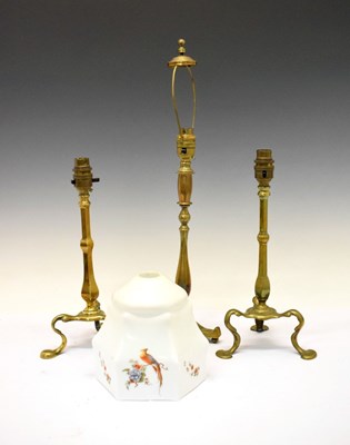 Lot 779 - Two railway brass table lamps, another, and glass shade