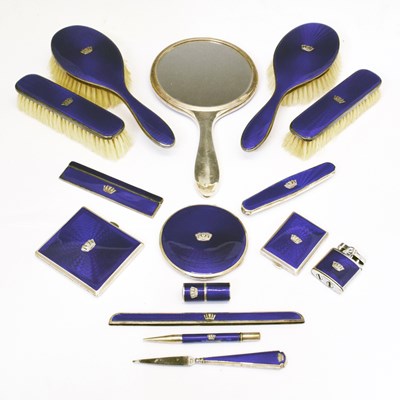 Lot 121 - Gieves Ltd - Cased six-piece royal blue guilloche enamel & silver mounted dressing set, etc