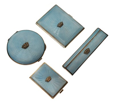Lot 122 - Gieves Ltd - Four light blue guilloche enamel & silver mounted requisites