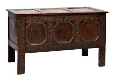 Lot 471 - Late 17th century oak three-panel coffer or bedding chest