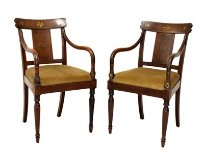 Lot 582 - Pair of 19th Century Biedermeier brass-inlaid mahogany elbow chairs
