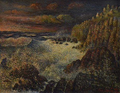 Lot 367 - Kenneth (Ken) Leech, (1910-1995) - Oil on plyboard - 'Stormy Brittany Coast at Dawn'