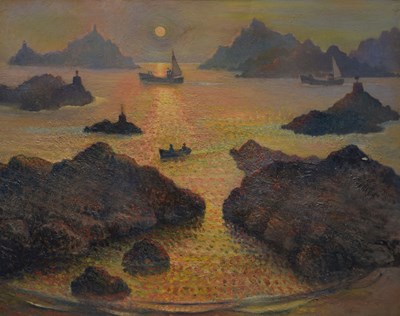 Lot 365 - Kenneth (Ken) Leech, (1910-1995) - Oil on plyboard - 'Brittany Coast near L'Aberach - at Sunset'