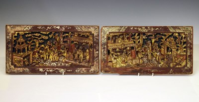 Lot 261 - Pair of Chinese late Qing dynasty carved wooden relief panels