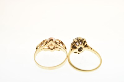 Lot 42 - Amethyst and diamond cluster ring and a cultured pearl yellow metal dress ring