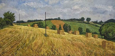 Lot 375 - Gerald Albert Cains, (b.1932) - Oil on plyboard - 'Straw Bales'
