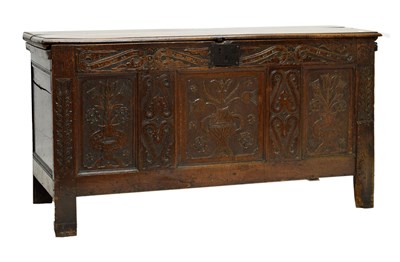 Lot 473 - William & Mary carved oak coffer c.1700, thistles and tulips