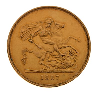 Lot 86 - Queen Victoria five pound gold coin (Quintuple sovereign), 1887