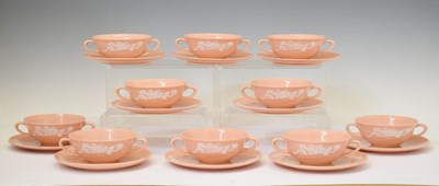 Lot 525 - Lenox (American) set of ten 'Apple Blossom' coral pink ground soup bowls and ten stands
