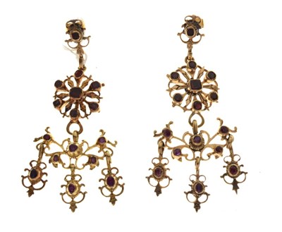Lot 85 - Pair of Victorian yellow metal earrings set garnets