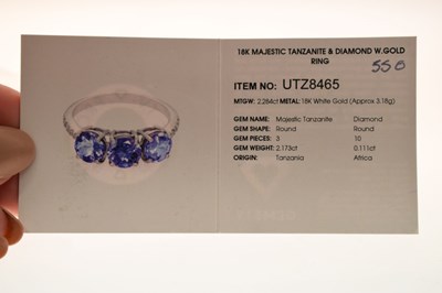 Lot 57 - 18ct white gold, three tanzanite ring