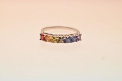 Lot 71 - Fancy coloured sapphire seven-stone 9ct white gold ring