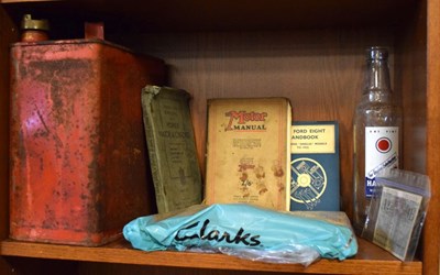 Lot 276 - Oil can, bottle, motoring magazines, etc