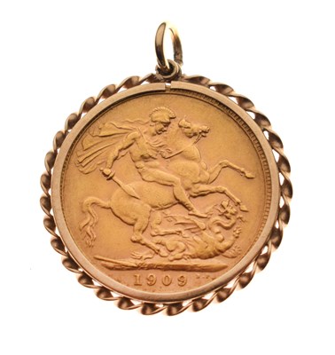 Lot 91 - Edward VII 1909 gold sovereign in 9ct pendant mount, 9.5g approx