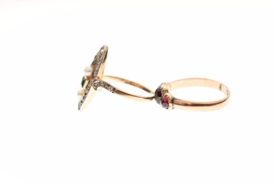 Lot 79 - Emerald, pearl and diamond marquise-shaped yellow and white metal ring