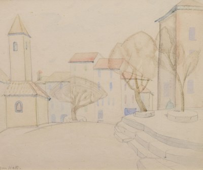Lot 350 - Doris Hatt (British, 1890-1969) - Watercolour - Continental village scene with church