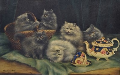 Lot 344 - Agnes Augusta Talboys RWA (British, 1863-1940) - Oil on canvas - Persian cats with teapot