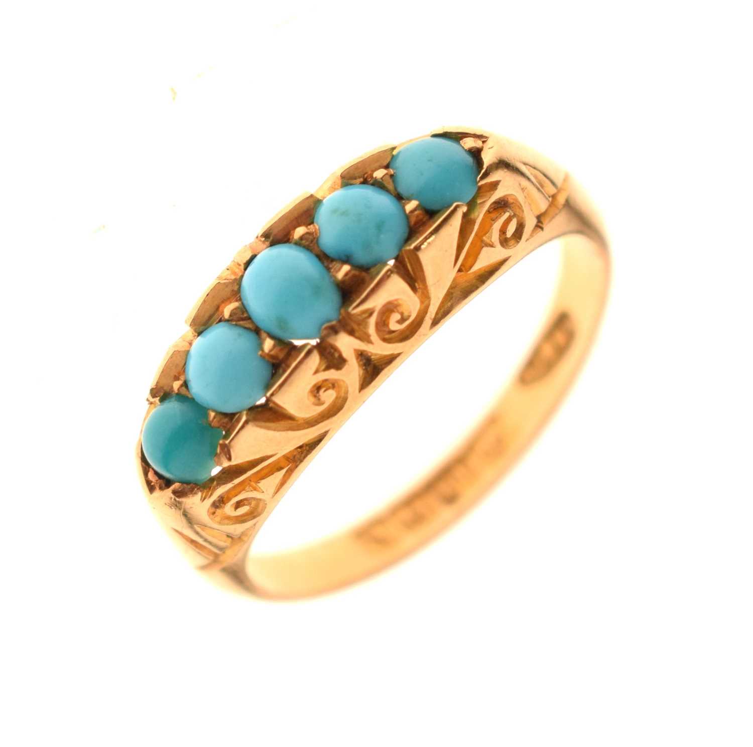 Lot 19 - Edwardian turquoise five stone 18ct yellow gold ring