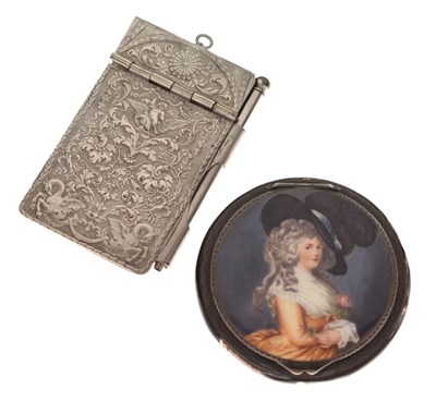 Lot 112 - 20th century silver and enamel powder compact, and a white metal pocket pad