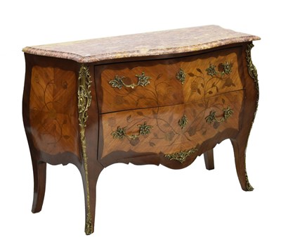 Lot 494 - French marble-topped kingwood and marquetry bombe commode chest