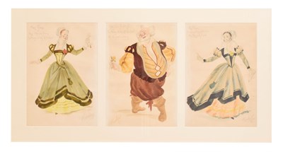 Lot 389 - Alan Barlow (1926-2005) - Three watercolours - Cast and costumes for 'The Merry Wives of Windsor'