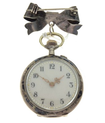 Lot 134 - Continental lady's white metal and niello fob watch