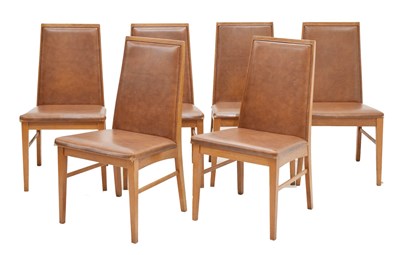 Lot 429 - Dyrlund of Denmark - set of six chairs, each with leatherette panel back and seat in teak frame