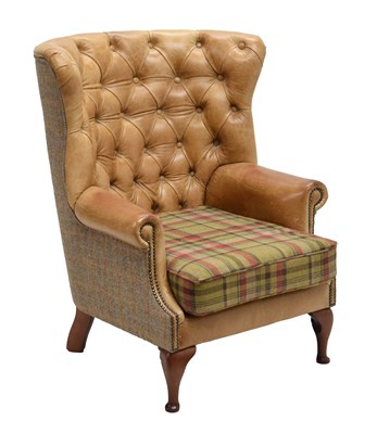 Lot 458 - Harris Tweed and tan leather tub-back library / club chair
