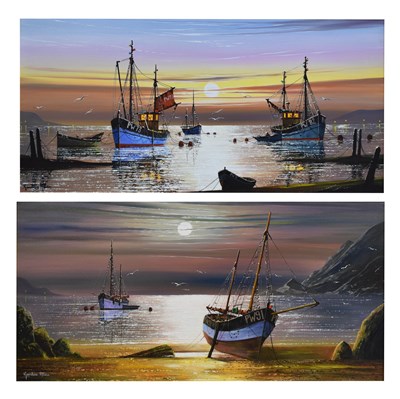 Lot 370 - Gordon Allen (b. 1953) - Pair of oils on canvas - Harbour scenes