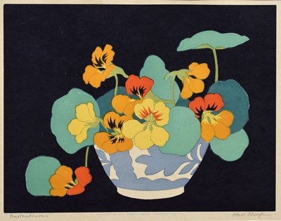Lot 415 - John Hall Thorpe (Australian, 1874 - 1947) - Coloured woodcut - 'Nasturtiums'