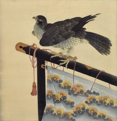 Lot 358 - Japanese painting on silk depicting a falcon
