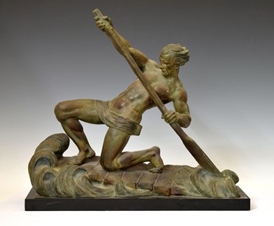 Lot 239 - Alexandre Ouline (Belgian, fl. 1918-1940) - Art Deco bronzed spelter figure of a man on a raft