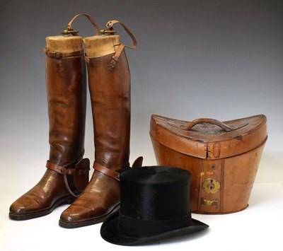 Lot 222 - Pair of early 20th century brown leather boots and hat box