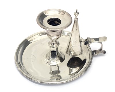 Lot 169 - George III silver chamberstick of circular form with reeded border and scroll handle