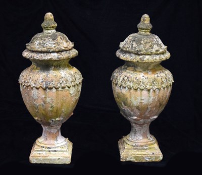 Lot 492 - Pair of weathered terracotta garden urns