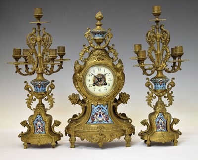 Lot 436 - Vincenti & Cie, Paris - 19th century French brass and champleve enamel clock garniture
