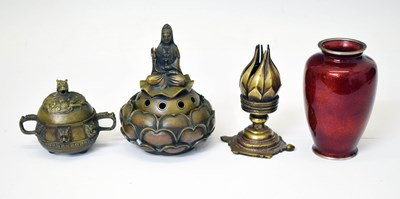 Lot 320 - Japanese ginbari enamel vase and three Eastern bronze items