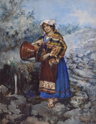 Lot 399 - Giuseppe Fortunati (Italian, late 19th century) - Watercolour - Lady beside a natural spring