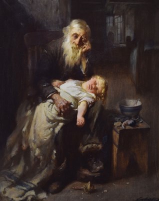 Lot 397 - John Henry Henshall (British, 1856-1928) - Oil on canvas - Elderly gentleman nursing a young child