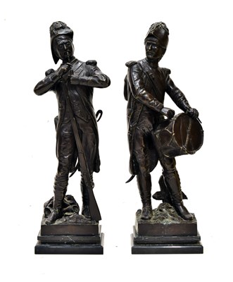 Lot 237 - After Etienne-Henri Dumaige, (French, 1830-1888) - Pair of patinated bronze military figures