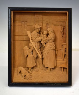 Lot 261 - Tyrolean carved limewood relief plaque, 'The Hunter's Farewell'