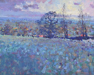 Lot 426 - Arthur Karl Maderson (British, b.1942) - Oil on board - 'Daybreak from Polden Hills'