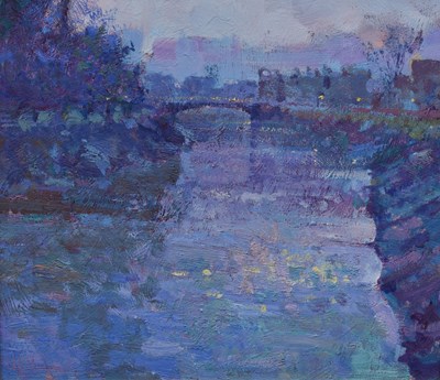 Lot 427 - Arthur Karl Maderson (British, b.1942) - Oil on board - 'Dusk, River Parrett, Bridgwater'