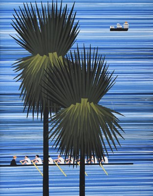 Lot 467 - Peter Markey (1930-2016) – Acrylic on Board – Rowers and Palm Tree