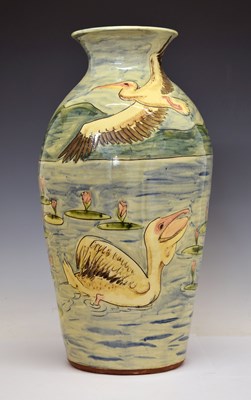 Lot 454 - Debbie Prosser attr - Large pottery vase decorated with pelicans