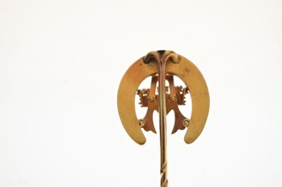 Lot 68 - Gold stick pin, with horseshoe motif, crown and initial 'M'