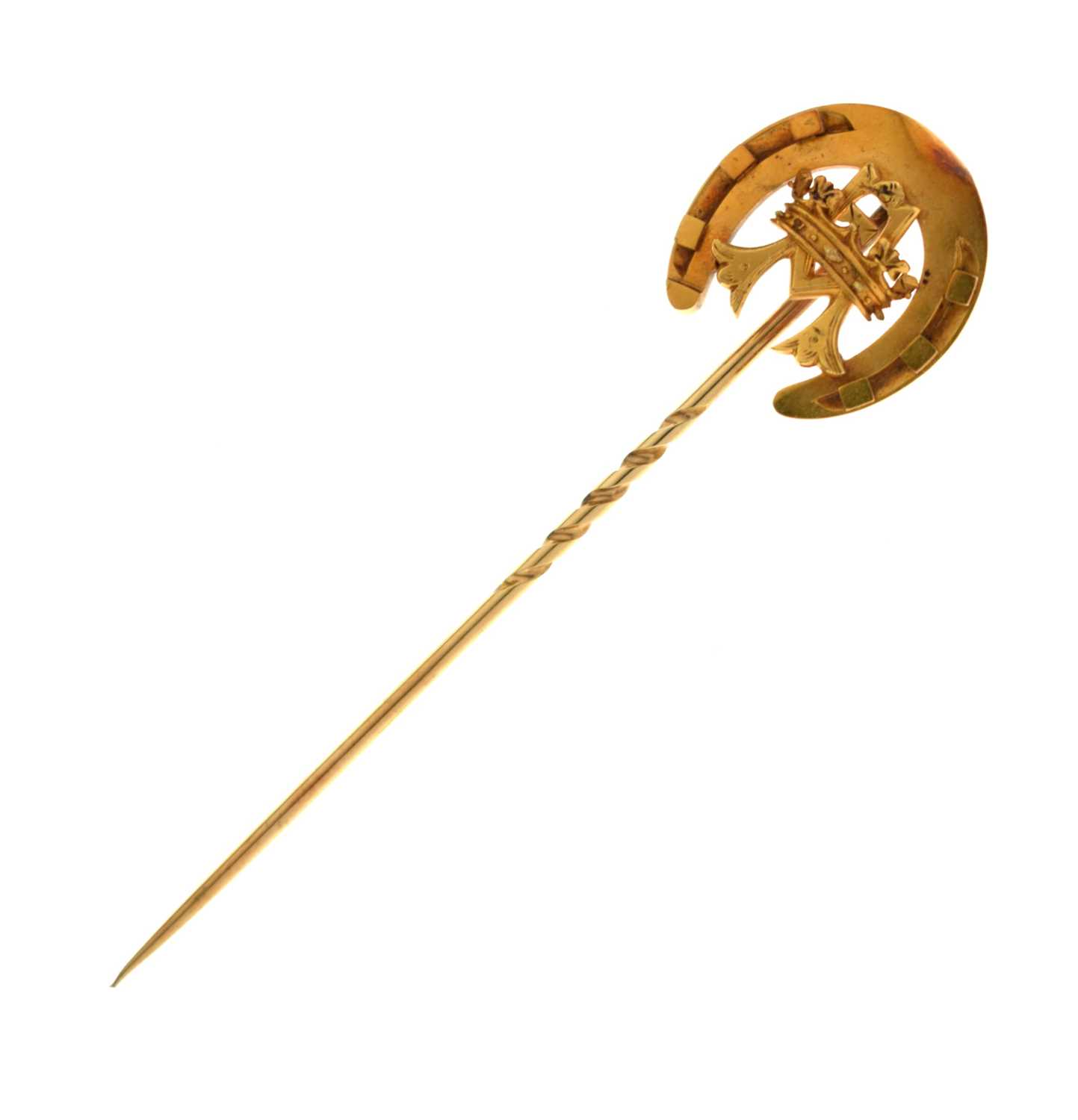 Lot 68 - Gold stick pin, with horseshoe motif, crown and initial 'M'