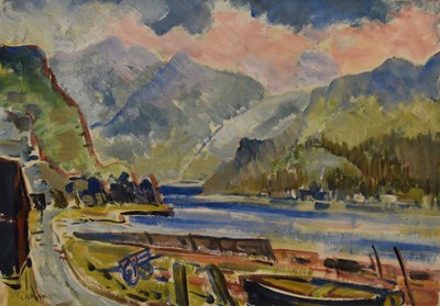 Lot 419 - Reg Gammon (British, 1894-1997) - Oil on board - On the sides of a Scottish loch