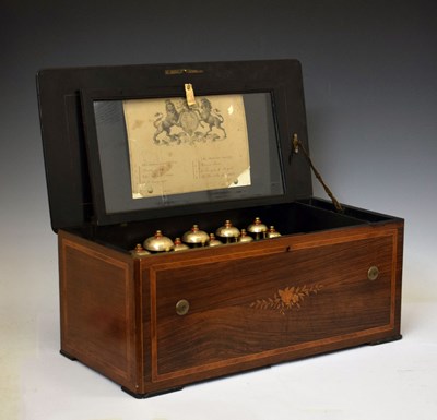 Lot 263 - 19th century inlaid rosewood-cased 8-air 'bells in sight' cylinder musical box, No. 18742